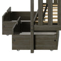 Modern gray-brown wooden storage platform bed with slatted mattress support and two pull-out underbed drawers on casters