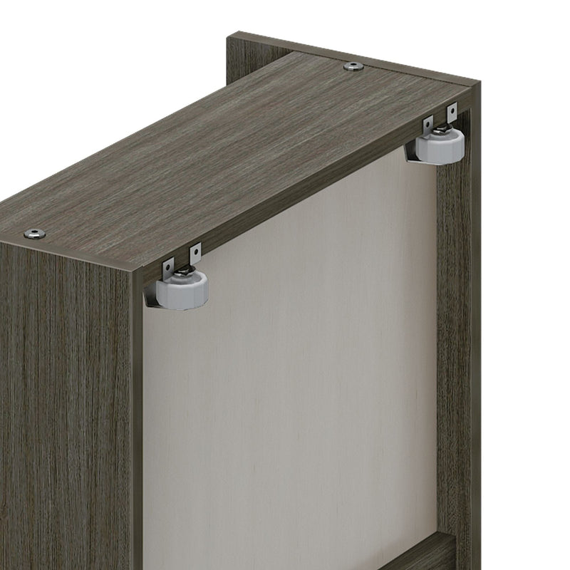 Detail view of brown wood cabinet featuring concealed hinges and adjustable feet for stability, ideal for kitchen and bathroom storage solutions.