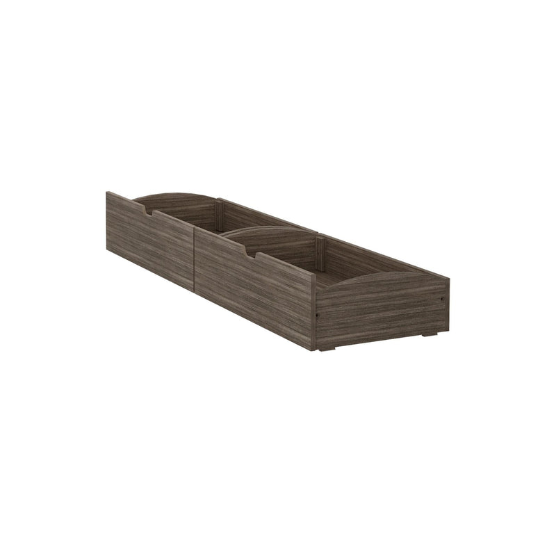 Wooden underbed storage drawer for bedroom organization.