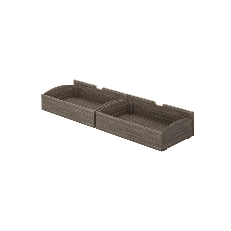 Gray wood under-bed storage drawers for organizing bedroom essentials.