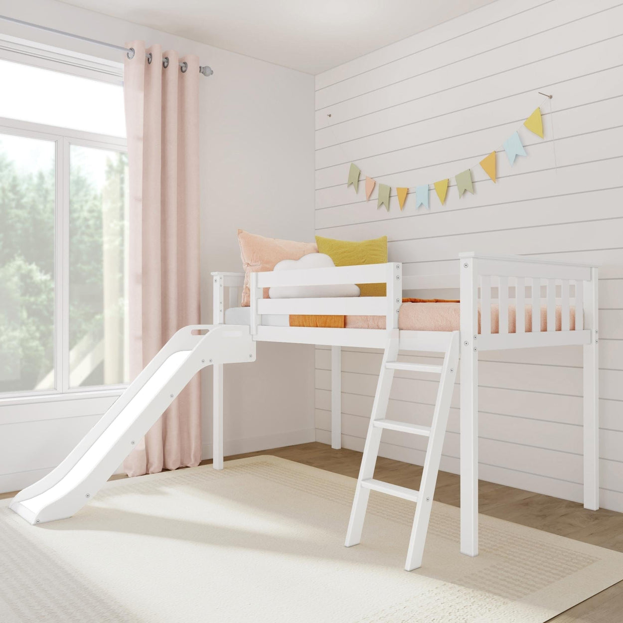 180413-002 : Loft Beds Max & Lily Twin Size Low Loft Bed with Slide and Ladder, Classic Solid Wood Kids Bedroom Furniture, 400 lbs Weight Capacity, 14" Safety Guardrail, Anti-Slip Steps, White