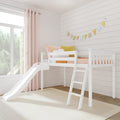 Kids' white loft bed with slide and ladder in modern cozy bedroom.