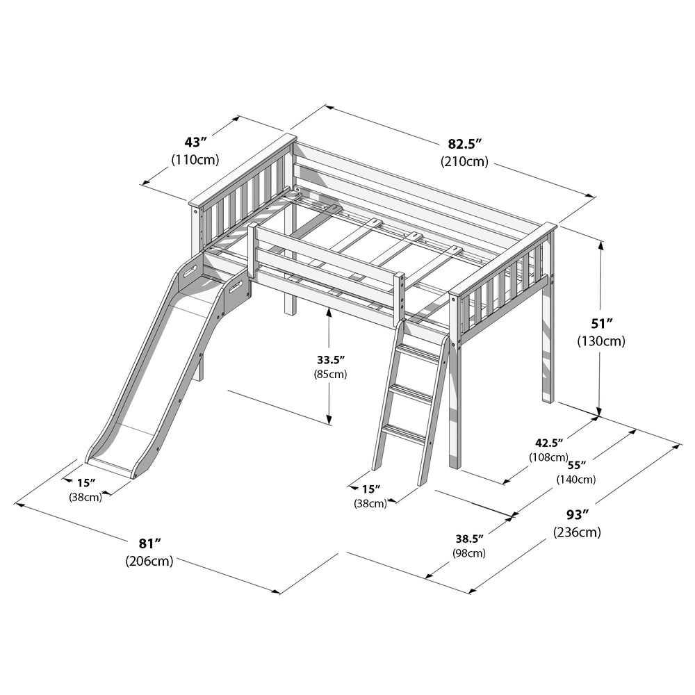 Illustrated dimensions of a children's loft bed with slide and ladder, measuring 82.5 inches wide and 51 inches tall.