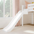 White wooden slide attached to a children's loft bed in a stylish, sunlit bedroom with soft pink curtains.
