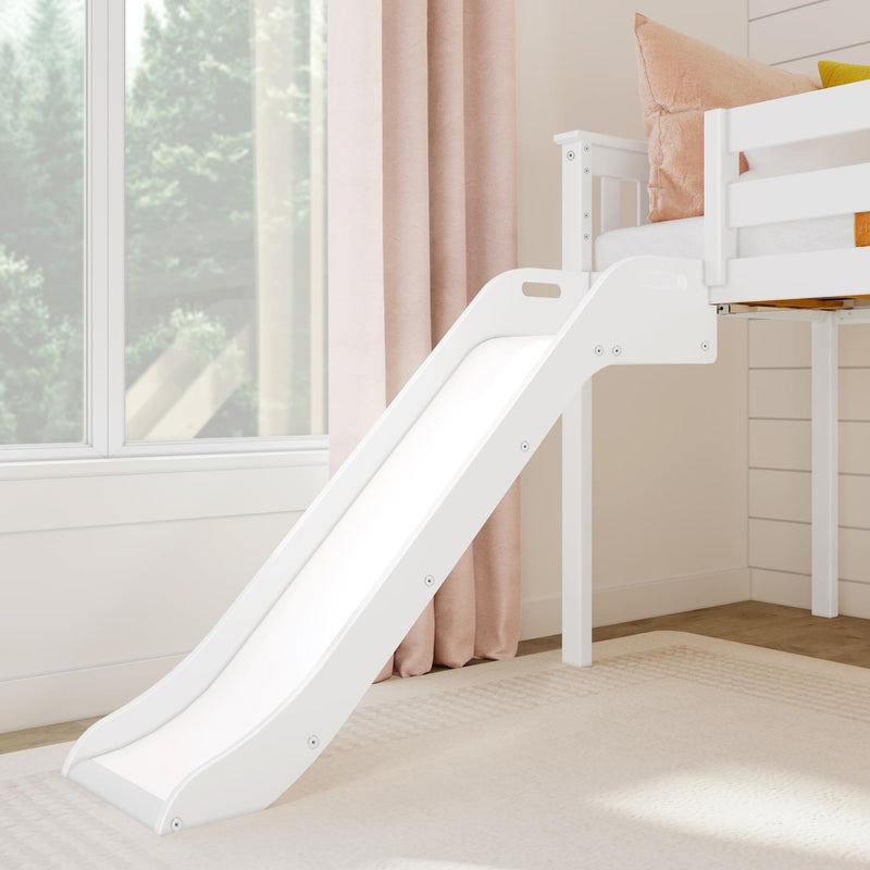 White wooden slide attached to a children's loft bed in a stylish, sunlit bedroom with soft pink curtains.