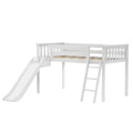 White wooden loft bed with slide and ladder, kids furniture.