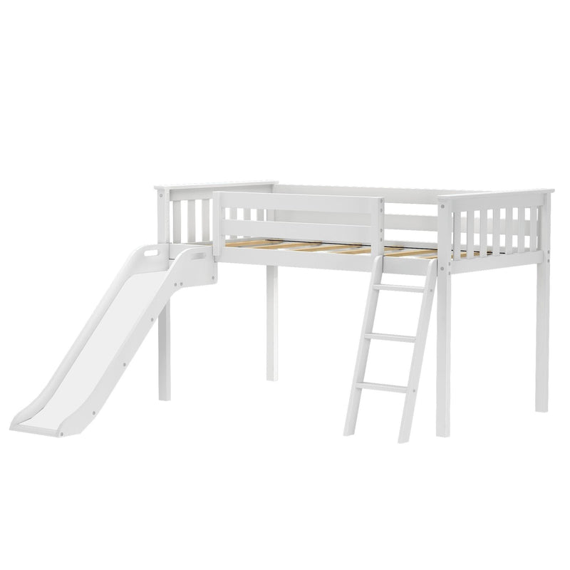 White wooden loft bed with slide and ladder, kids furniture.