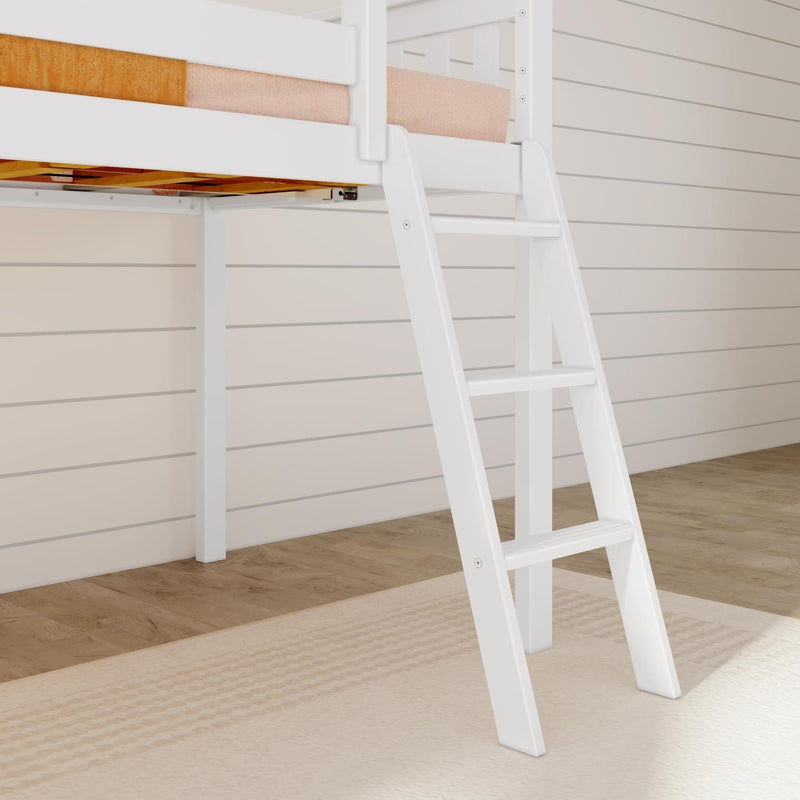 White wooden bunk bed ladder in modern bedroom interior.