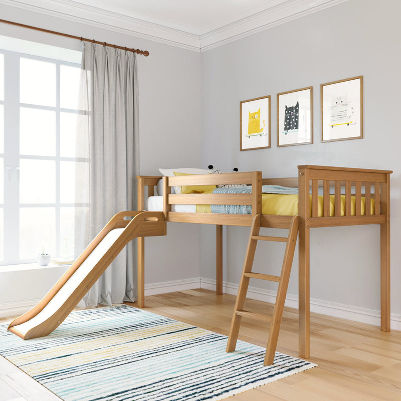 Wooden kids loft bed with slide and ladder in bright modern nursery, yellow bedding, striped rug, gray curtains and framed cat wall art