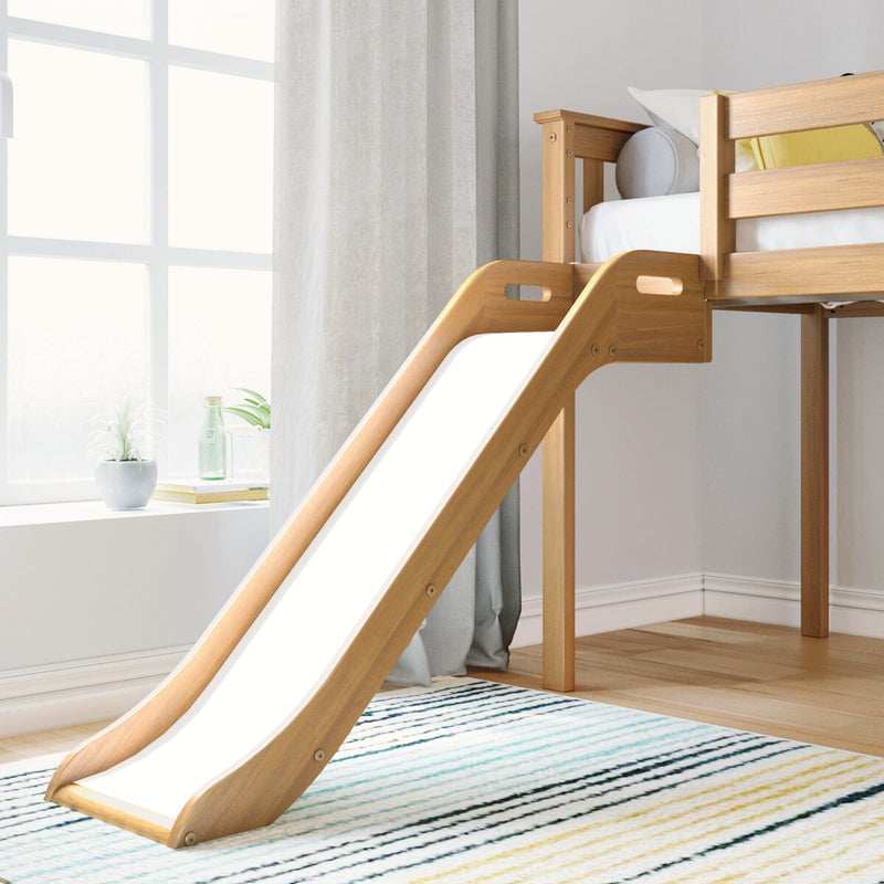 Loft bed with wooden slide and cozy linens in a bright, modern bedroom.