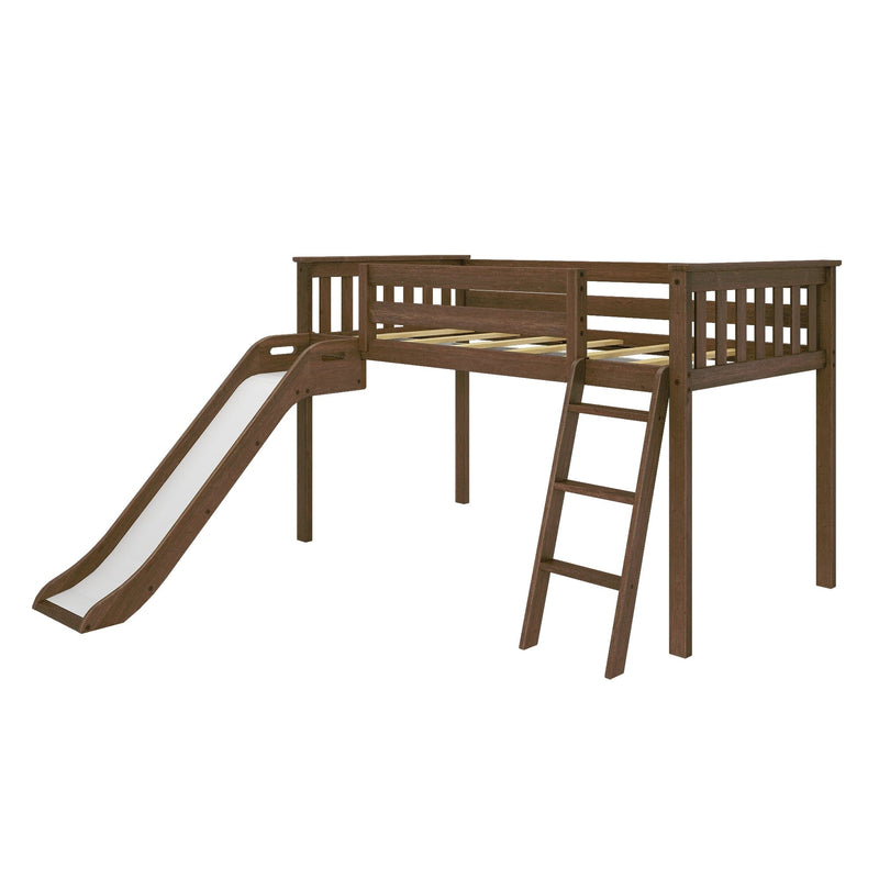 Wooden loft bed with slide and ladder for kids' bedroom.