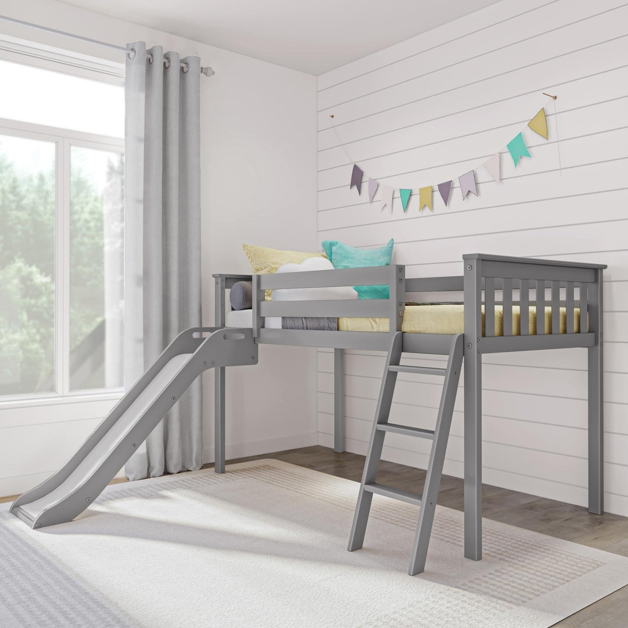 180413-121 : Loft Beds Max & Lily Twin Size Low Loft Bed with Slide and Ladder, Classic Solid Wood Kids Bedroom Furniture, 400 lbs Weight Capacity, 14" Safety Guardrail, Anti-Slip Steps, Grey
