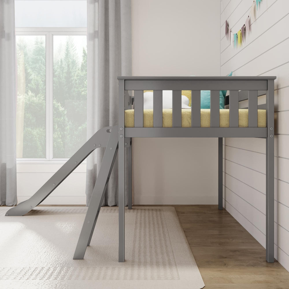 180413-121 : Loft Beds Max & Lily Twin Size Low Loft Bed With Slide & Ladder,  Solid Wood Kids Bedroom Furniture, 400 lbs Weight Capacity, 14" Safety Guardrail, Anti-Slip Steps, Grey