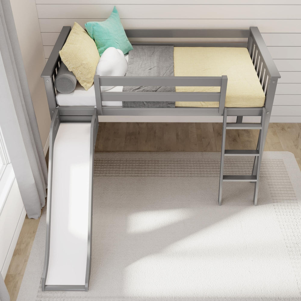 180413-121 : Loft Beds Max & Lily Twin Size Low Loft Bed With Slide & Ladder,  Solid Wood Kids Bedroom Furniture, 400 lbs Weight Capacity, 14" Safety Guardrail, Anti-Slip Steps, Grey