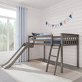 Grey wooden kids loft bed with slide in nursery, blue curtains and navy-blush bunting on white shiplap wall