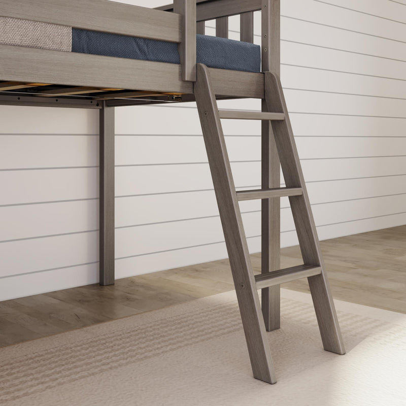 Wooden ladder attached to a gray loft bed in a modern bedroom setting.