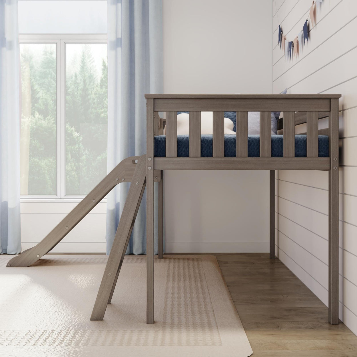 180413-151 : Loft Beds Max & Lily Twin Size Low Loft Bed with Slide and Ladder, Classic Solid Wood Kids Bedroom Furniture, 400 lbs Weight Capacity, 14" Safety Guardrail, Anti-Slip Steps, Clay