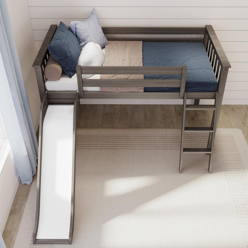 Top-down view of gray wooden loft bed with built-in slide and ladder, blue pillows and bedding in modern kids' bedroom