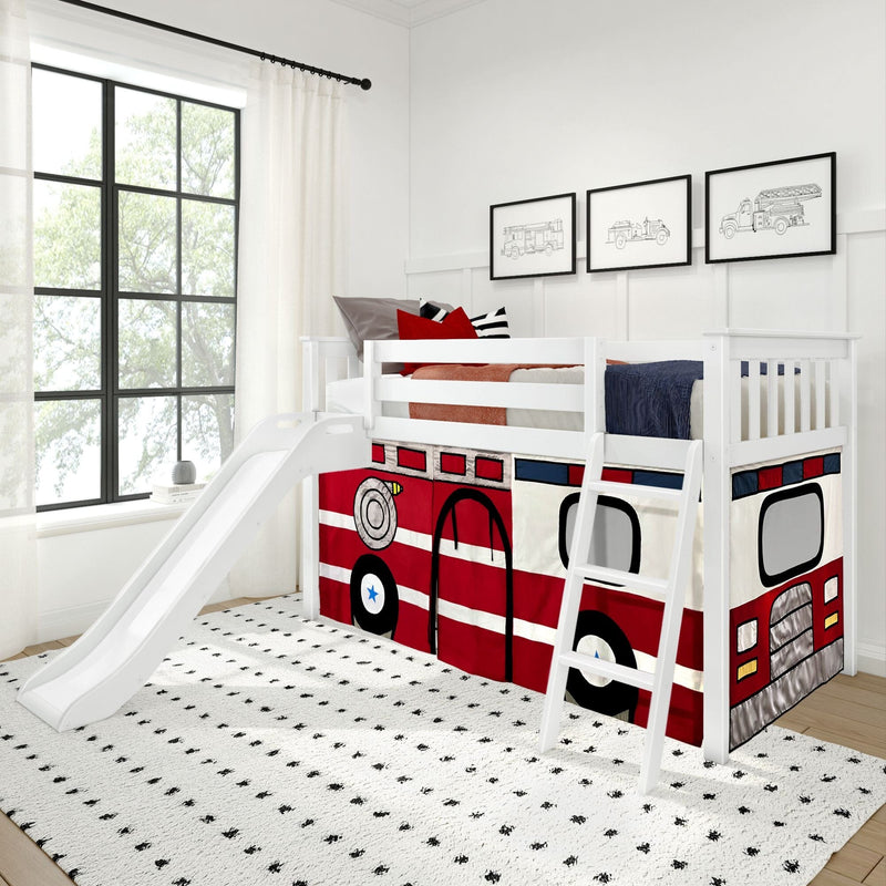 White wooden children's loft bed with slide and ladder featuring red fire-truck play-tent panels in a bright modern kids' bedroom
