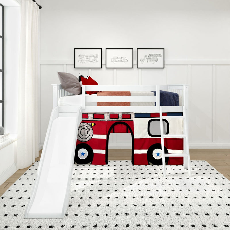 White kids loft bed with slide and ladder, red fire truck play-tent panel, star-pattern rug and framed fire engine prints in modern nursery