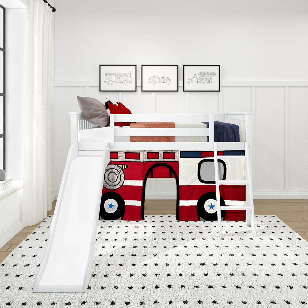Kids' room with a fire truck-themed loft bed, slide, and playful decor.