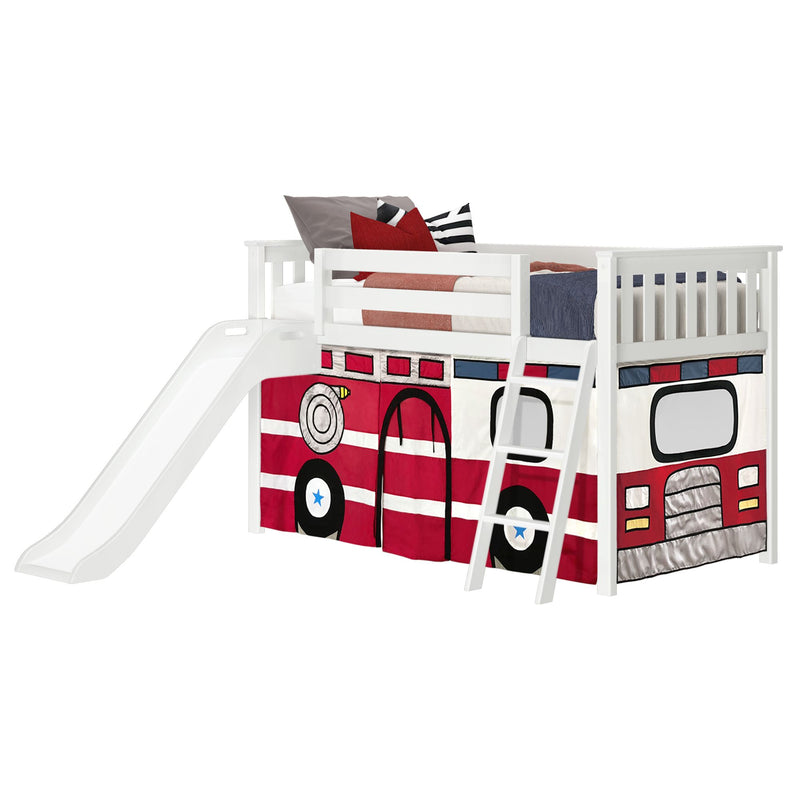 White wooden kids loft bed with slide and ladder and red fire truck play-tent curtain, play space and storage underneath, children's bedroom furniture