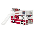 White wooden kids loft bed with slide and ladder and red fire truck play-tent curtain, play space and storage underneath, children's bedroom furniture