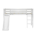 White wooden kids loft bed with slide and ladder, twin-size elevated bed with safety rails for children's bedroom, space-saving playful design