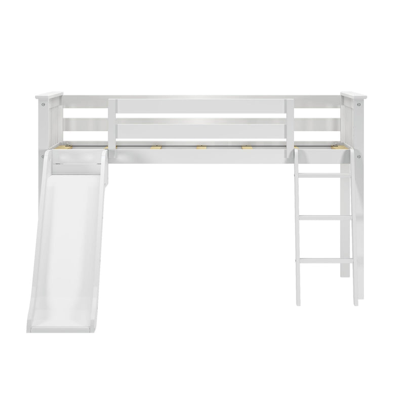White wooden kids loft bed with slide and ladder, twin-size elevated bed with safety rails for children's bedroom, space-saving playful design