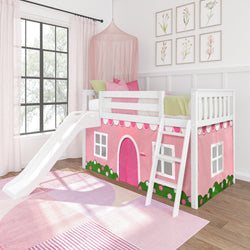 180413002064 : Loft Beds Low Loft with Easy Slide and Light Pink and White Farmhouse Curtain, White