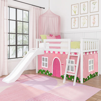 Pink princess loft bed with white wooden frame, slide, ladder and playhouse tent skirt, canopy and pastel girls' bedroom decor