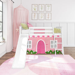 180413002064 : Loft Beds Low Loft with Easy Slide and Light Pink and White Farmhouse Curtain, White