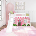 White loft bed with slide over pink playhouse tent, canopy, botanical wall art and pink rug in girls' bedroom