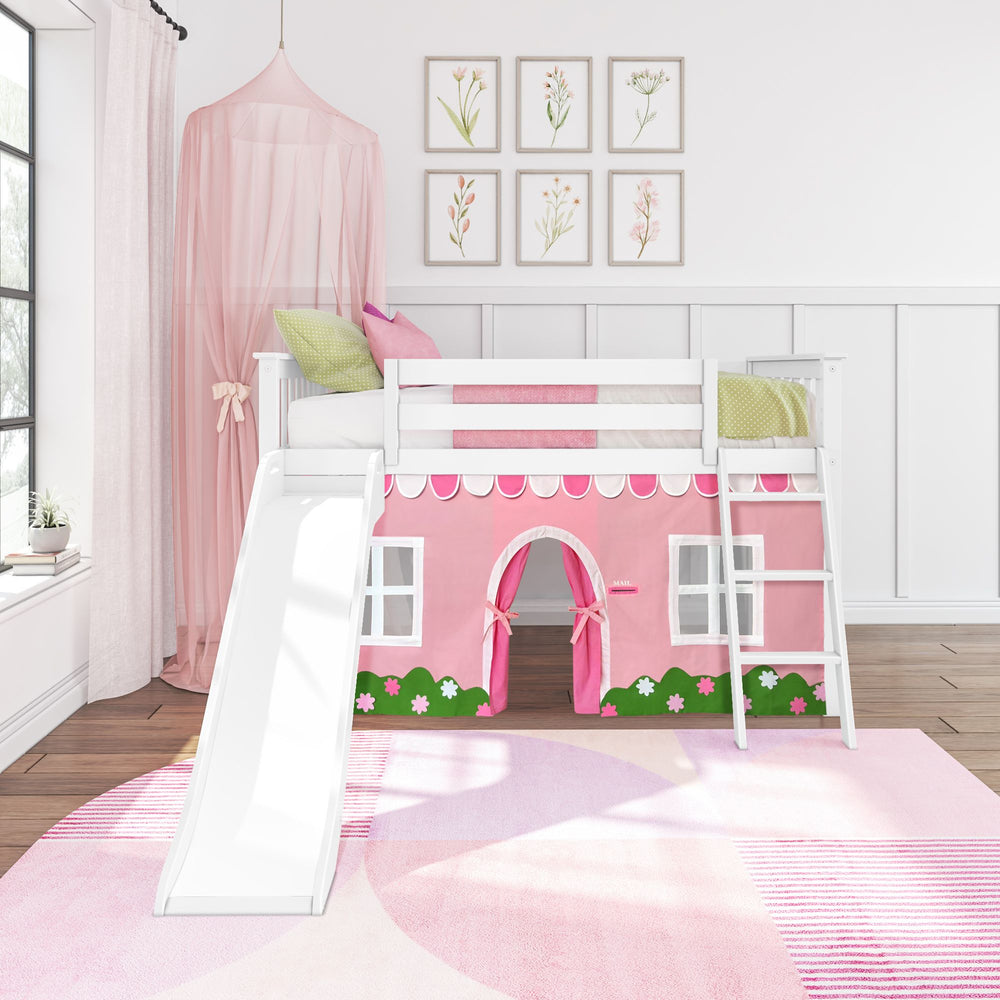 Pink loft bed with slide and playhouse design in a bright children's bedroom.