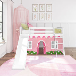 Pink loft bed with slide and playhouse design in a bright children's bedroom.