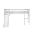 White wooden kids loft bed with built-in slide and ladder, space-saving play loft for children's bedroom