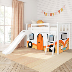 Children's loft bed with slide and bus-themed play tent in a bright, cozy bedroom setting.