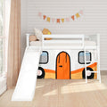 White children's loft bed with slide and ladder and orange camper-van play curtain, pastel bunting and cozy neutral decor in kids' bedroom