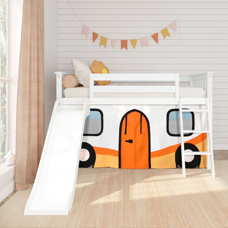 White children's loft bed with slide and ladder and orange camper-van play curtain, pastel bunting and cozy neutral decor in kids' bedroom