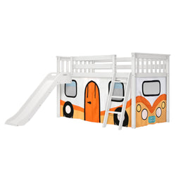 Children's loft bed with slide and camper-themed curtain in white and orange design.