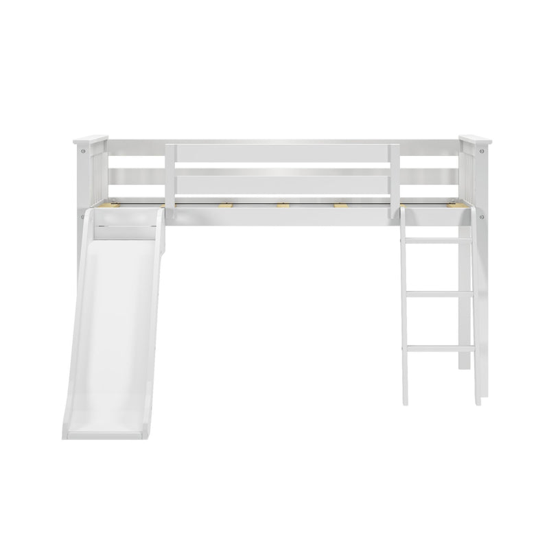 White wooden loft bed with slide and ladder, perfect for children's bedroom furniture.