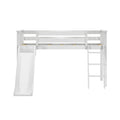 White wooden loft bed with slide and ladder for kids, space-saving twin children's bed frame with safety rails and modern design