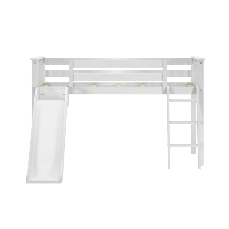 White wooden loft bed with slide and ladder for kids, space-saving twin children's bed frame with safety rails and modern design