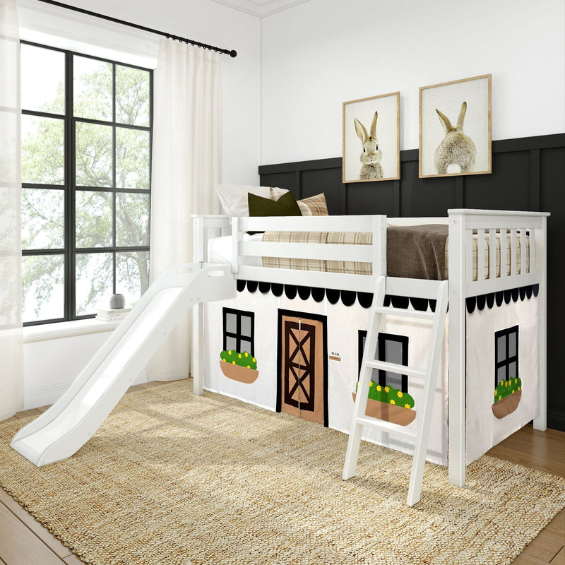 Twin Low Loft Bed with Easy Slide Black White Farmhouse Curtain
