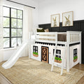 Twin Low Loft Bed with Slide & Black & White Farmhouse Curtain