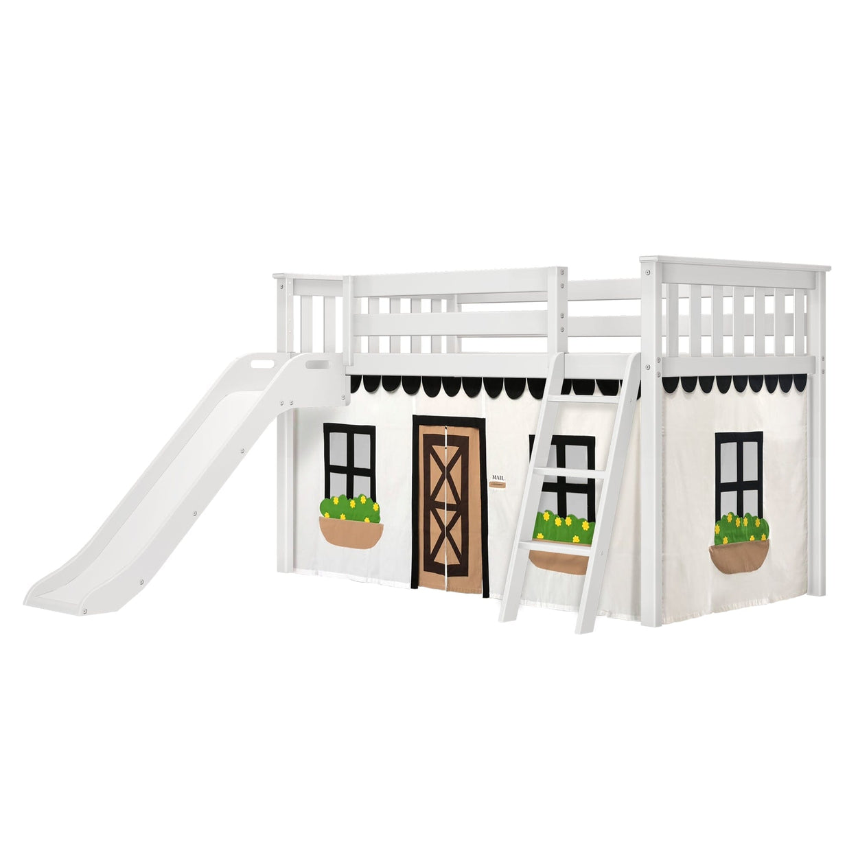 180413002069 : Loft Beds Low Loft with Easy Slide and Black and White Farmhouse Curtain, White