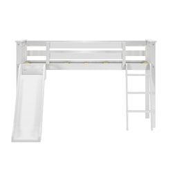 180413002069 : Loft Beds Low Loft with Easy Slide and Black and White Farmhouse Curtain, White