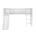 White children's loft bed with built-in slide and ladder, white wooden frame, safety guardrails and slatted mattress platform — modern space-saving kids' bedroom furniture