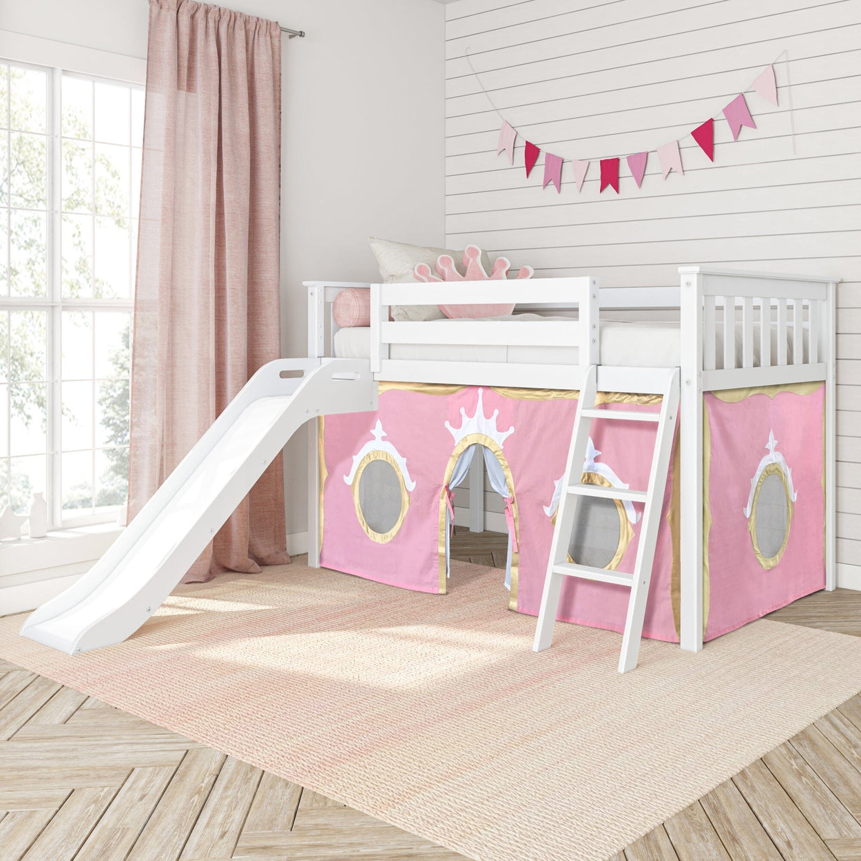 180413002083 : Loft Beds Low Loft with Easy Slide and Light Pink and Gold Princess Curtain, White