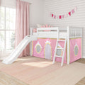 White wooden loft bed with slide and pink princess play tent, pink curtains, crown pillow and bunting in girls' bedroom